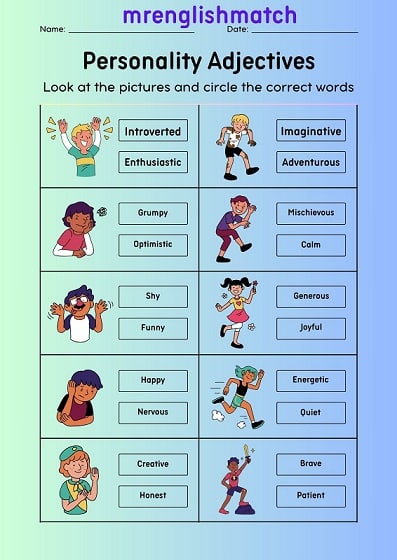 Adjectives Vocabulary Worksheet
(what is an adjective)