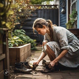 She scraped the mud off her shoes before entering the house